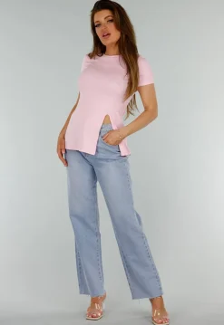 Roze Stretch Top met Split en Ronde Hals