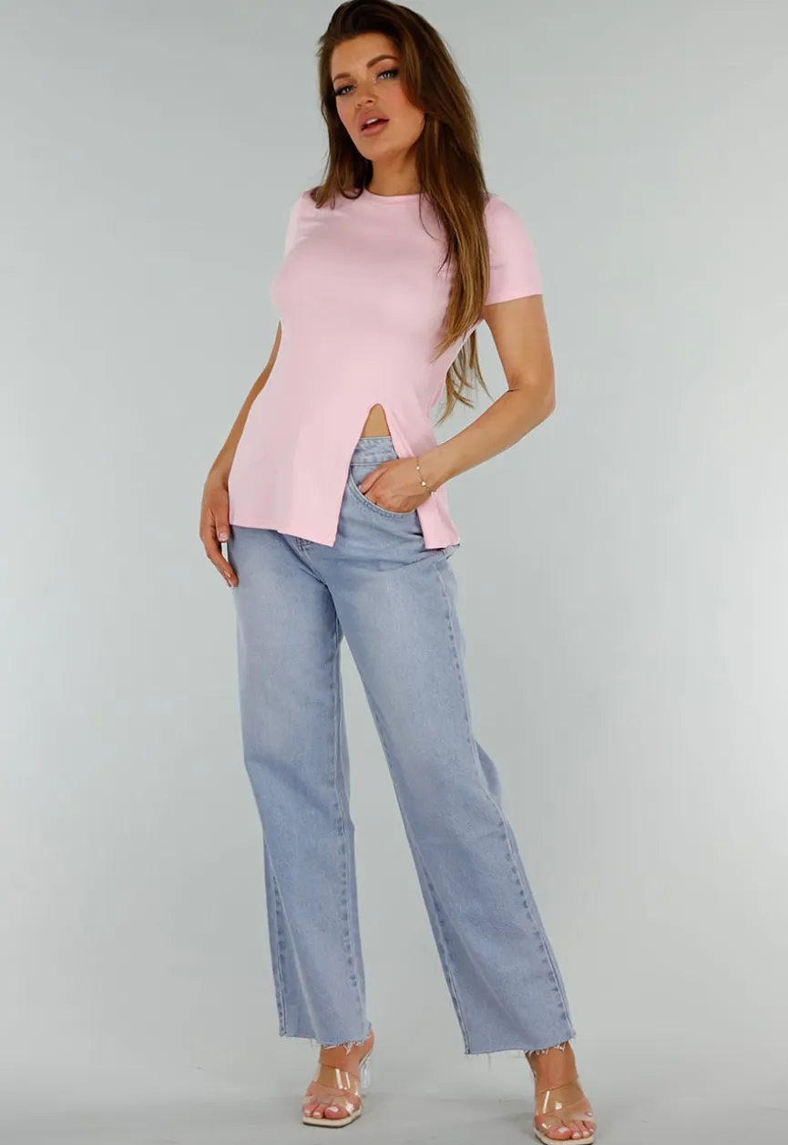 Roze Stretch Top met Split en Ronde Hals