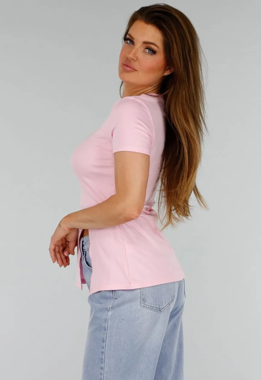 Roze Stretch Top met Split en Ronde Hals