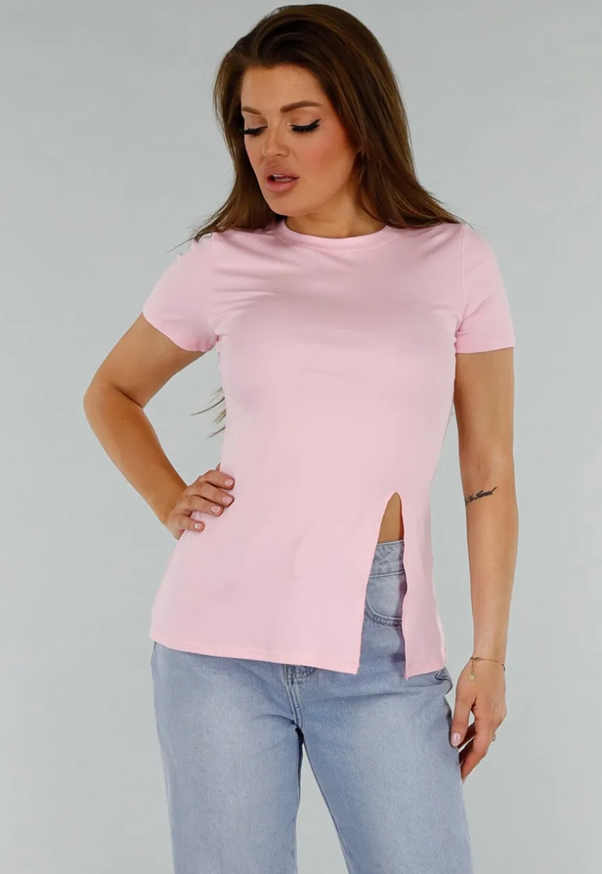 Roze Stretch Top met Split en Ronde Hals