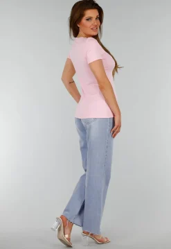 Roze Stretch Top met Split en Ronde Hals