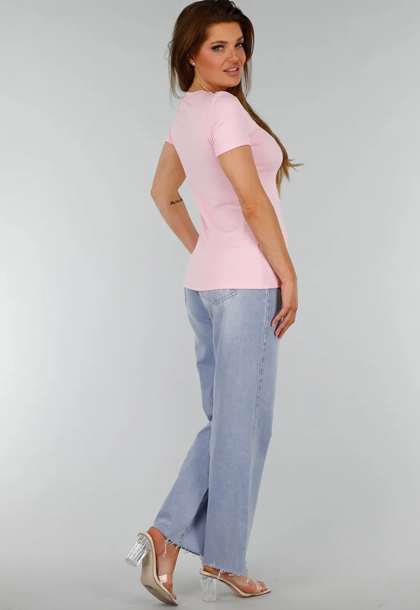 Roze Stretch Top met Split en Ronde Hals