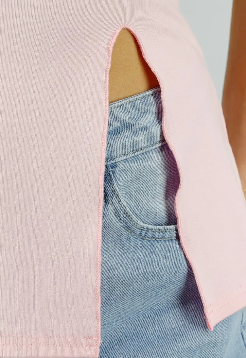 Roze Stretch Top met Split en Ronde Hals