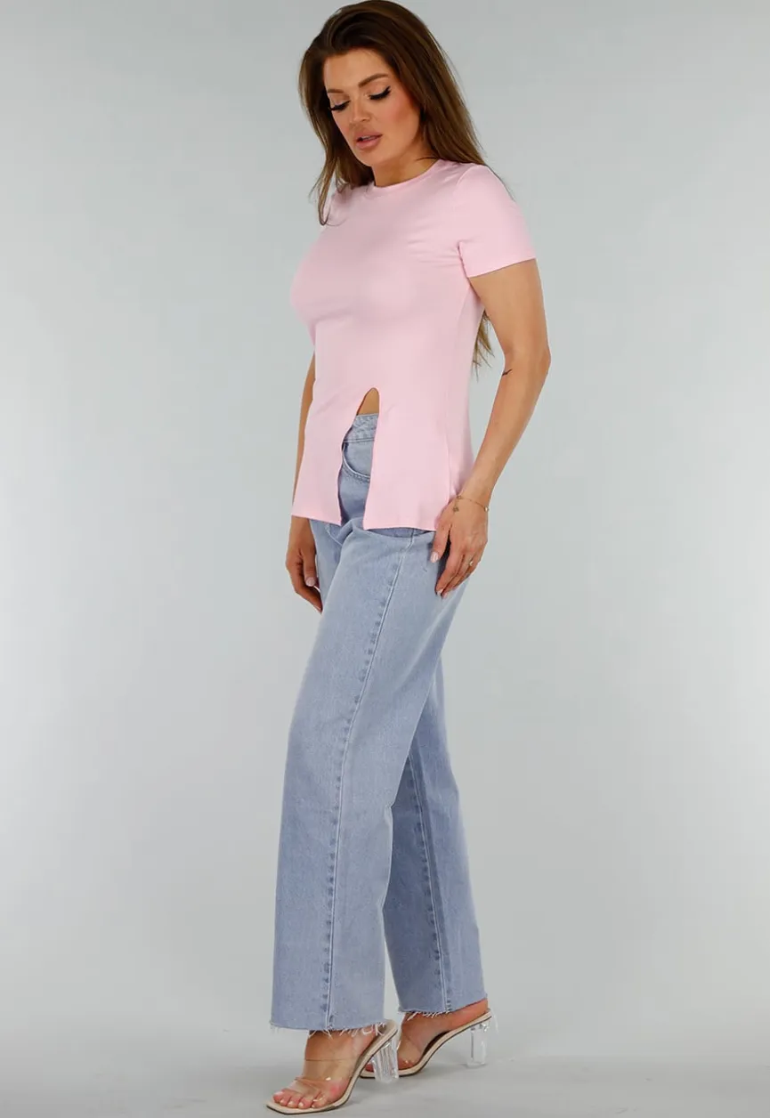 Roze Stretch Top met Split en Ronde Hals