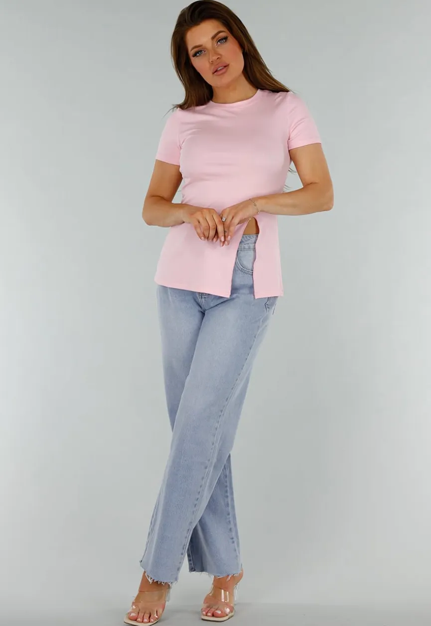 Roze Stretch Top met Split en Ronde Hals