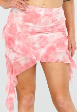 Roze Tie-Dye Rokje met Ruffles en Asymmetrische Onderkant