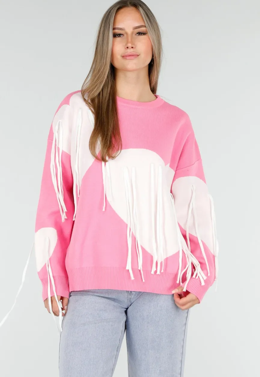 Roze Trui met Witte Hartprint en Franjes