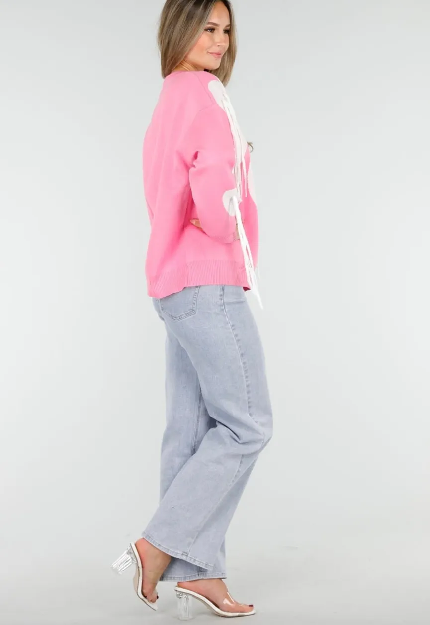 Roze Trui met Witte Hartprint en Franjes