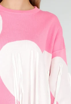 Roze Trui met Witte Hartprint en Franjes