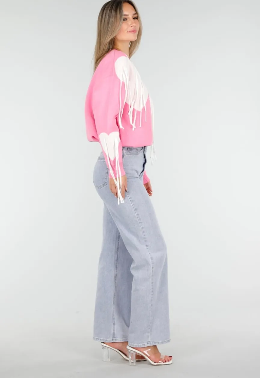Roze Trui met Witte Hartprint en Franjes