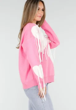 Roze Trui met Witte Hartprint en Franjes