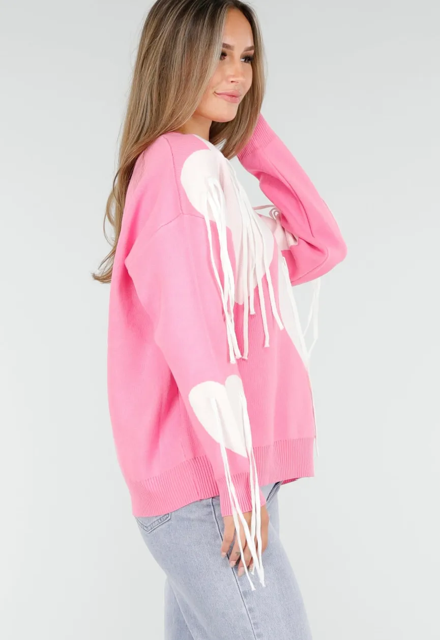 Roze Trui met Witte Hartprint en Franjes