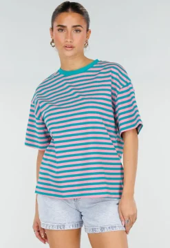 Roze Turquoise Gestreept T-shirt met Korte Mouwen en Ronde Hals