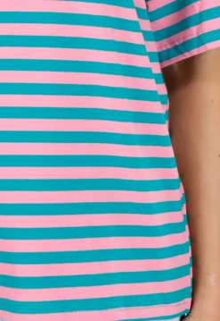 Roze Turquoise Gestreept T-shirt met Korte Mouwen en Ronde Hals