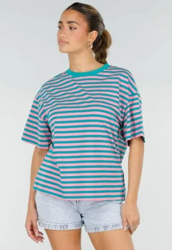 Roze Turquoise Gestreept T-shirt met Korte Mouwen en Ronde Hals