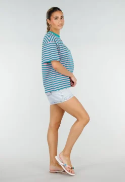 Roze Turquoise Gestreept T-shirt met Korte Mouwen en Ronde Hals