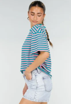 Roze Turquoise Gestreept T-shirt met Korte Mouwen en Ronde Hals