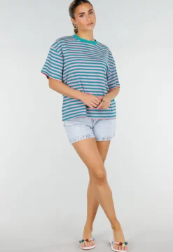 Roze Turquoise Gestreept T-shirt met Korte Mouwen en Ronde Hals