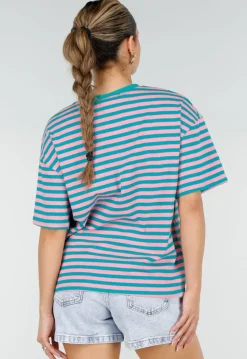 Roze Turquoise Gestreept T-shirt met Korte Mouwen en Ronde Hals