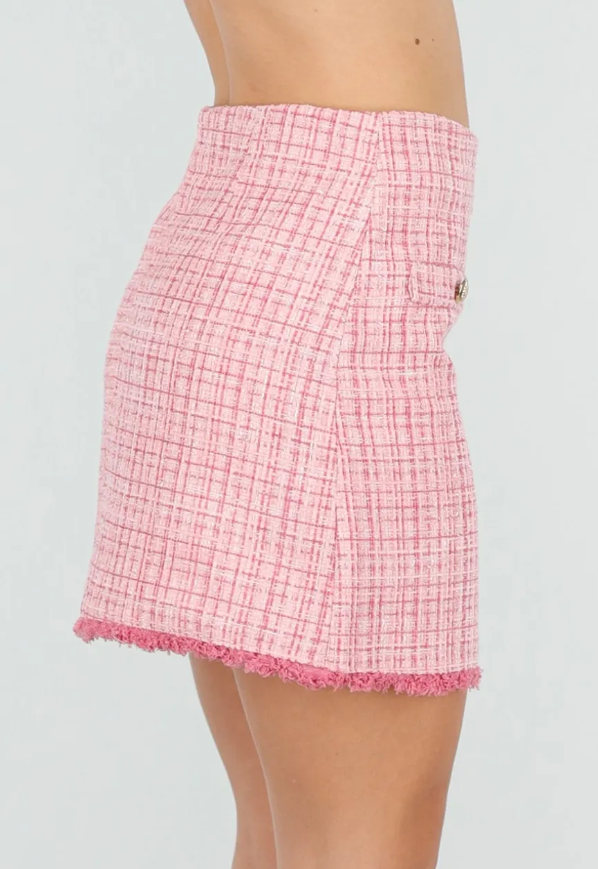 Roze Tweed Mini Rok met Rafelrand en Gouden Knopen