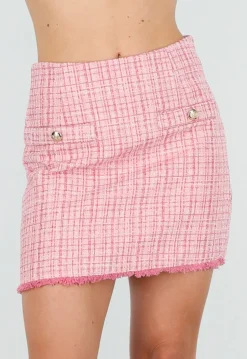 Roze Tweed Mini Rok met Rafelrand en Gouden Knopen