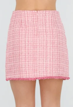 Roze Tweed Mini Rok met Rafelrand en Gouden Knopen