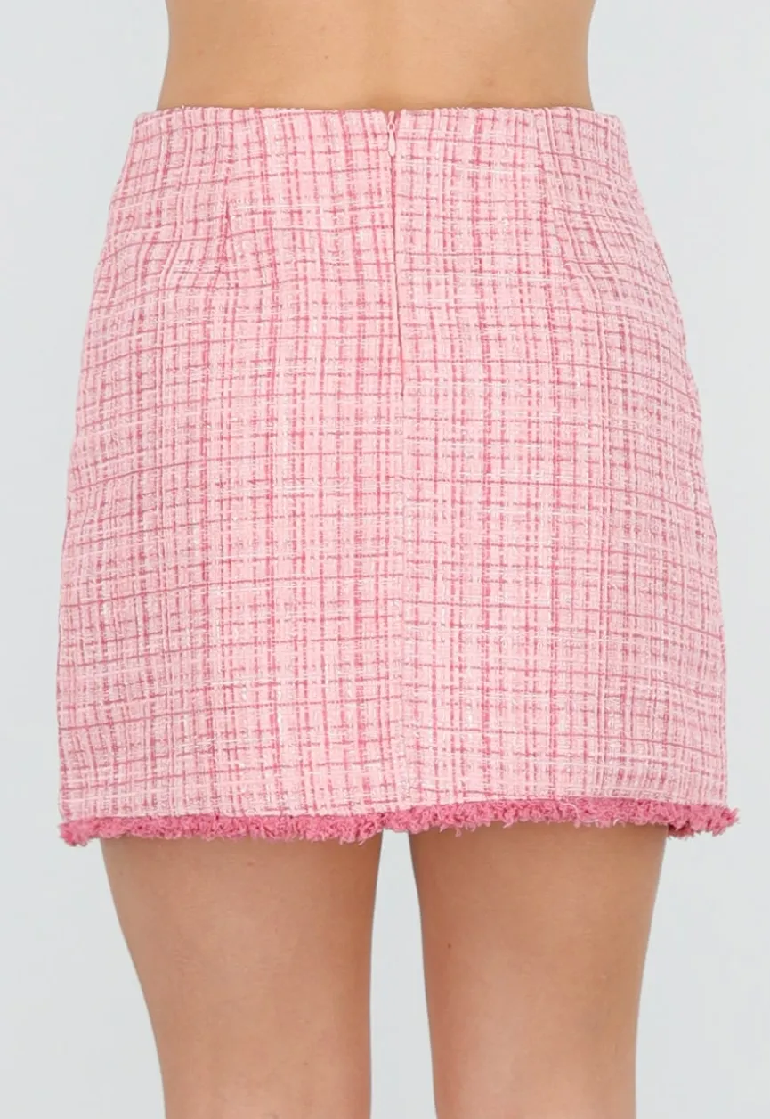Roze Tweed Mini Rok met Rafelrand en Gouden Knopen