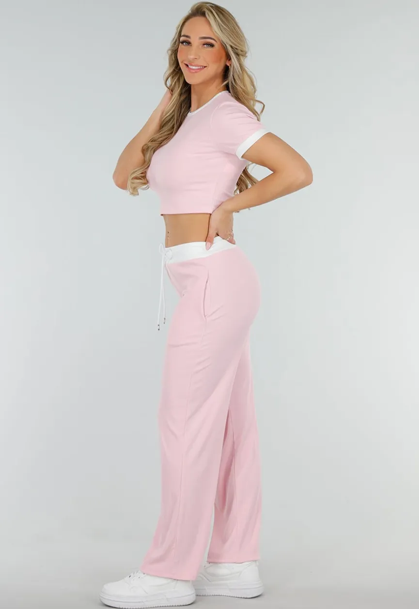Roze Two Piece Set met Lange Broek en Korte Top met Colorblockingdetails