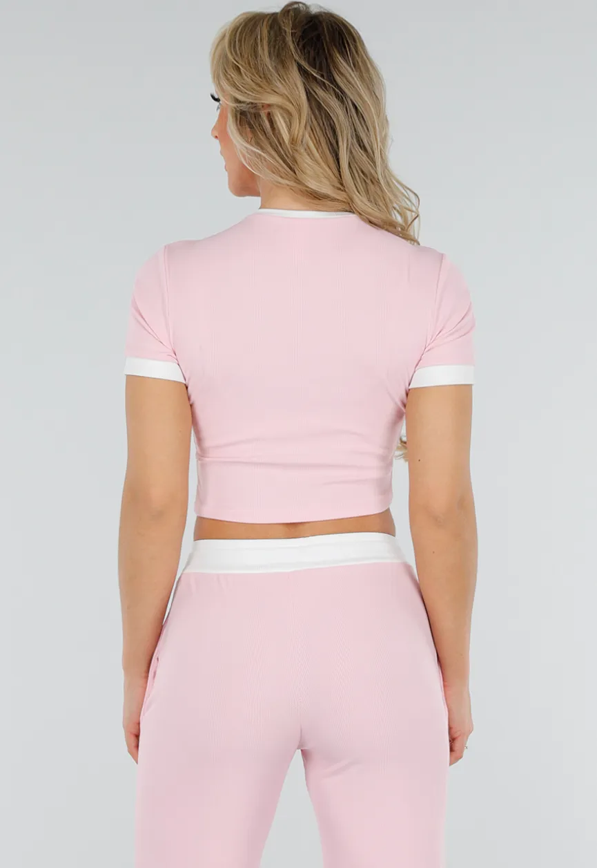 Roze Two Piece Set met Lange Broek en Korte Top met Colorblockingdetails