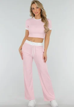 Roze Two Piece Set met Lange Broek en Korte Top met Colorblockingdetails