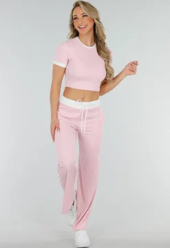 Roze Two Piece Set met Lange Broek en Korte Top met Colorblockingdetails