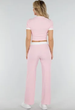 Roze Two Piece Set met Lange Broek en Korte Top met Colorblockingdetails