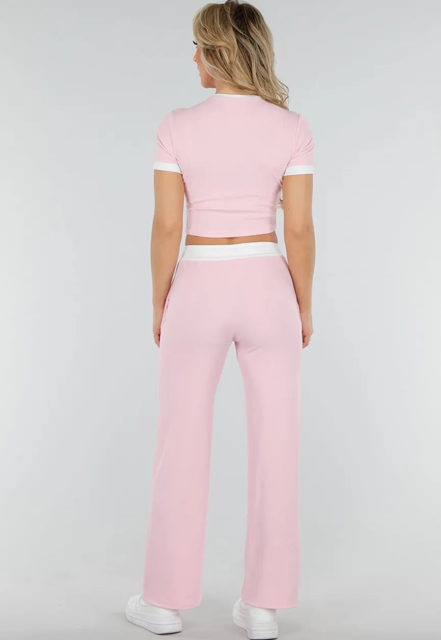 Roze Two Piece Set met Lange Broek en Korte Top met Colorblockingdetails