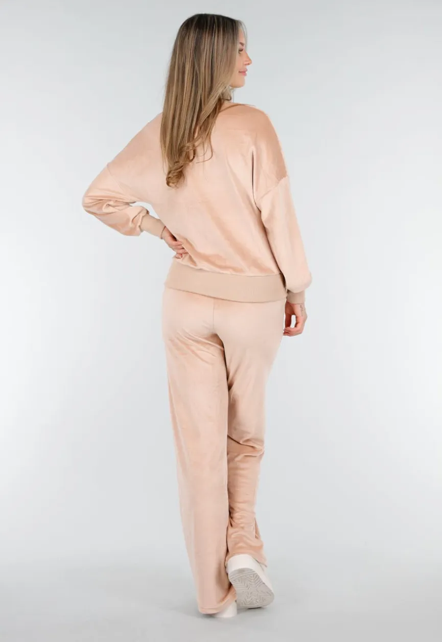 Roze Velours Joggingpak met Lange Mouwen en Wijde Broek