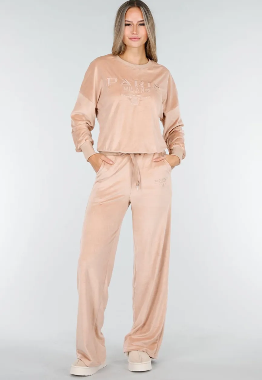 Roze Velours Joggingpak met Lange Mouwen en Wijde Broek