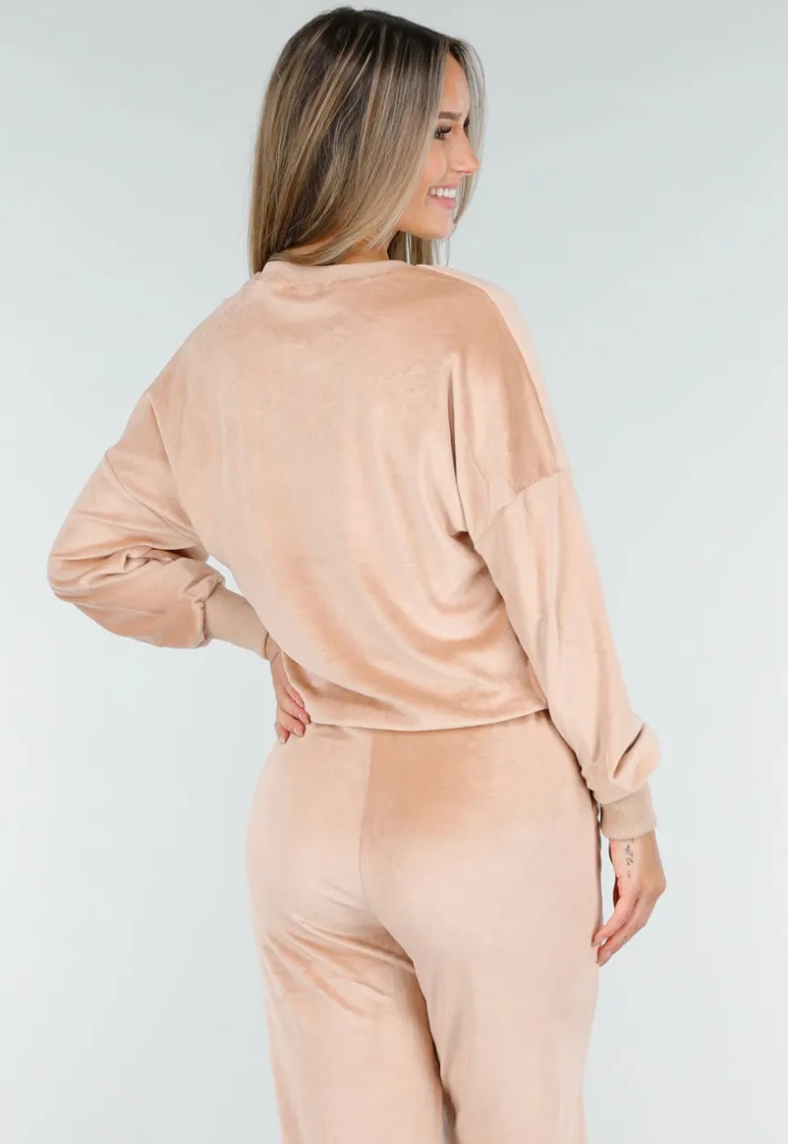 Roze Velours Joggingpak met Lange Mouwen en Wijde Broek
