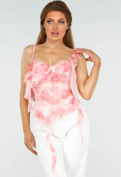 Roze V-Hals Tie-Dye Top met Spaghettibandjes en Ruffles