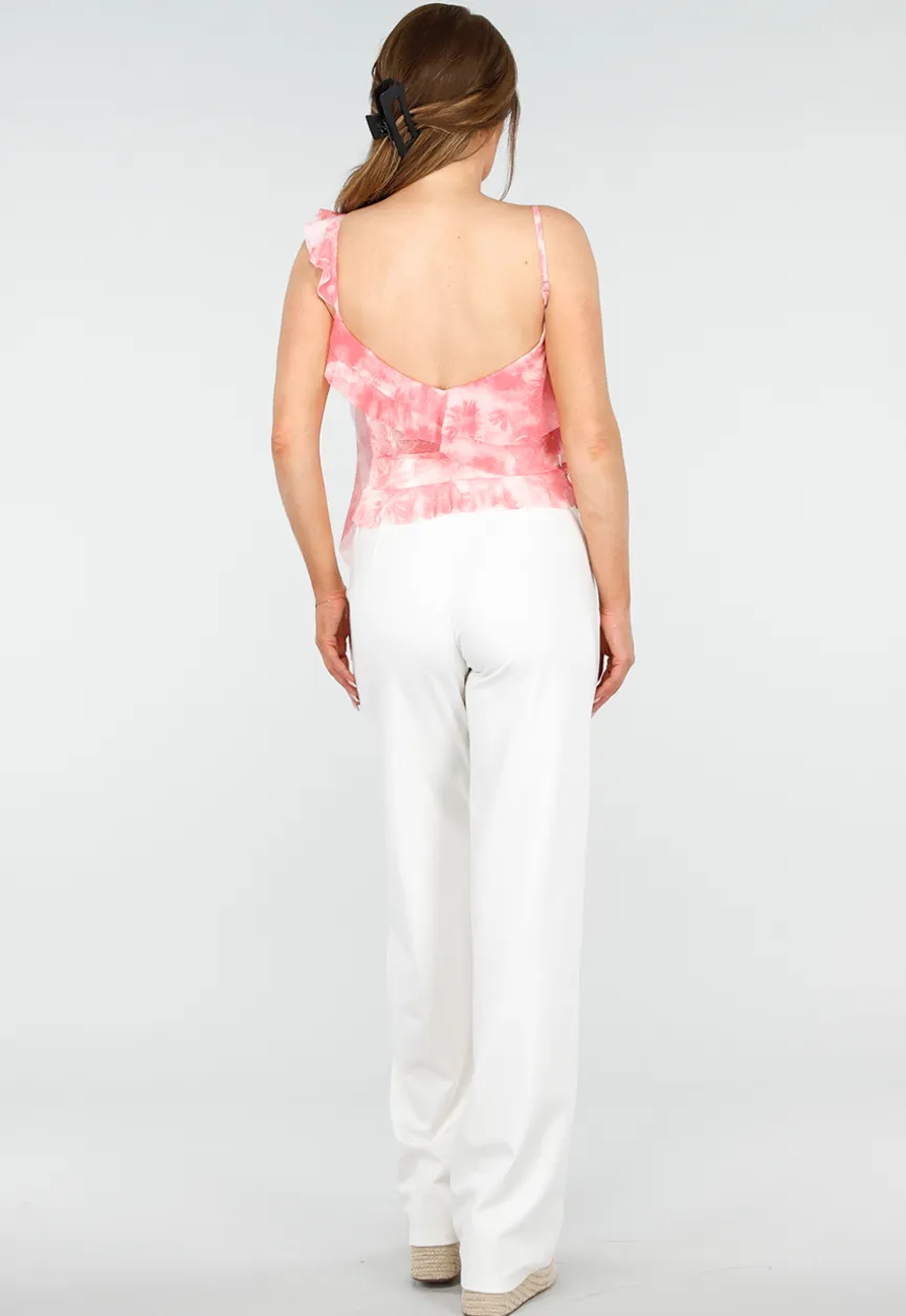 Roze V-Hals Tie-Dye Top met Spaghettibandjes en Ruffles
