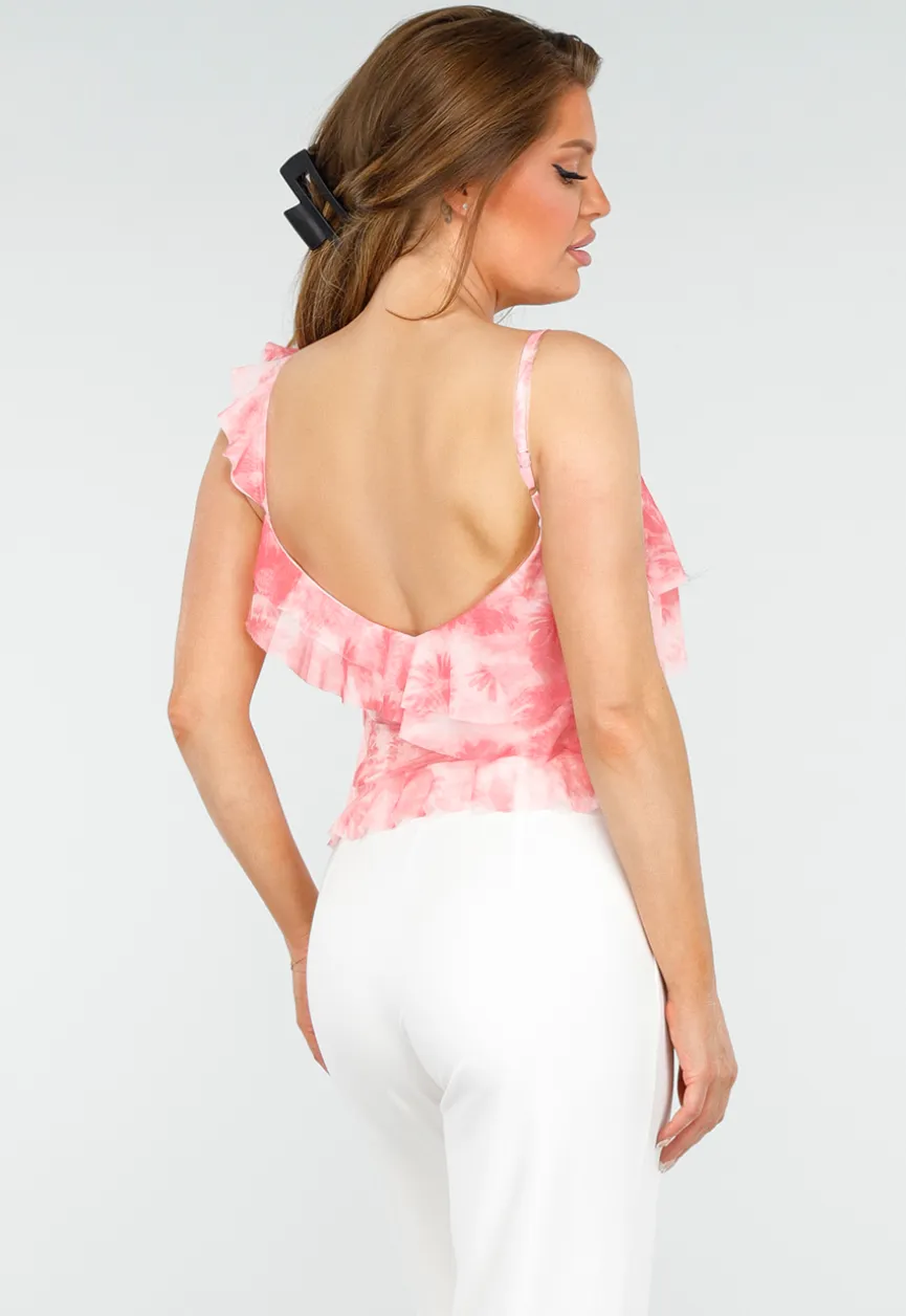 Roze V-Hals Tie-Dye Top met Spaghettibandjes en Ruffles