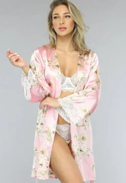 Satijnen Bloemen Kimono in Roze