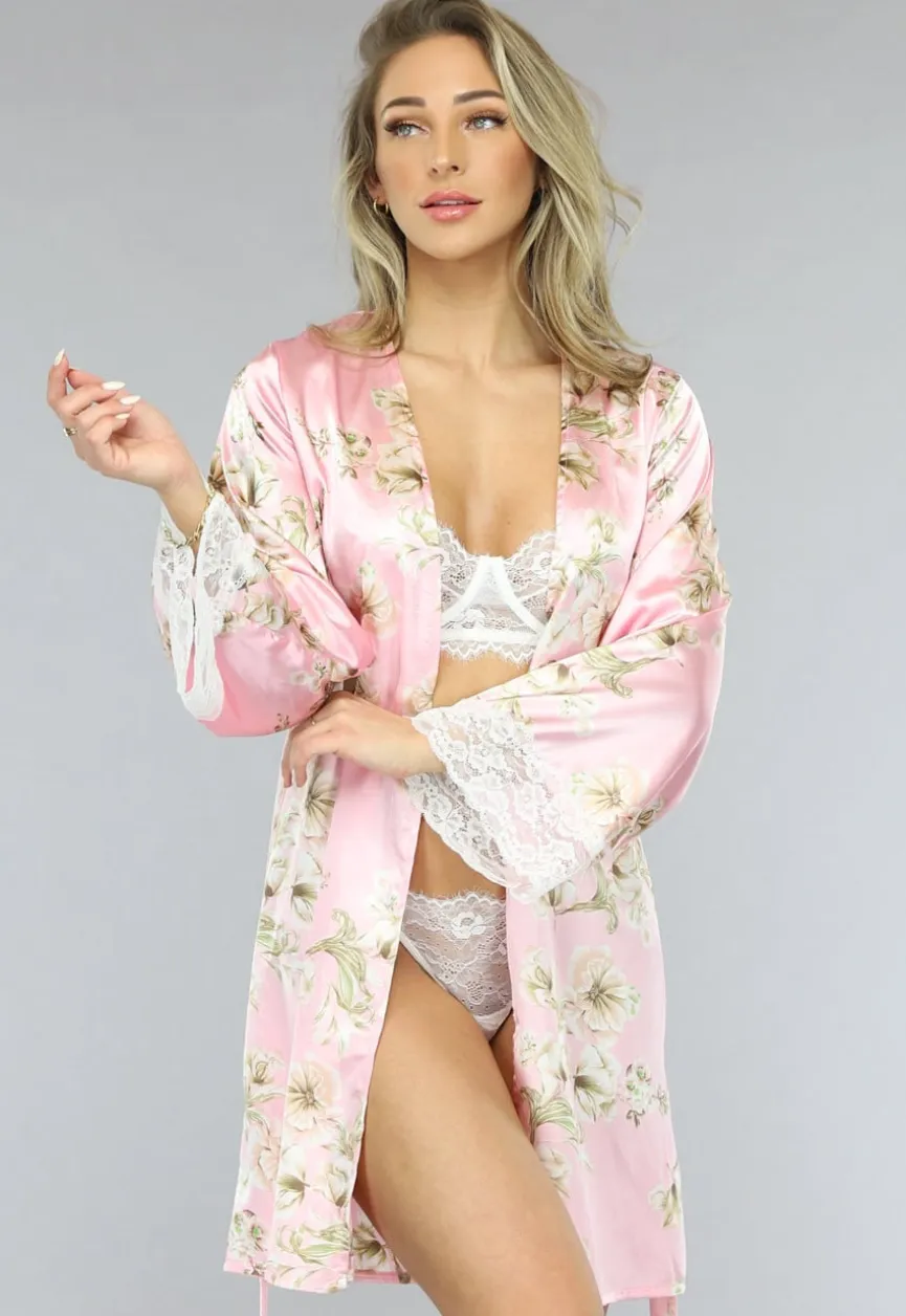 Satijnen Bloemen Kimono in Roze