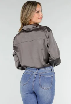 Satijnen Blouse Grijs met Lange Mouwen En Knoopsluiting
