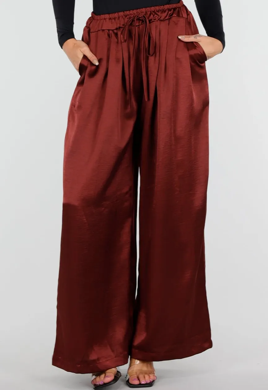 Satijnen Bordeaux Rode Wide Leg Broek met Elastische Taille