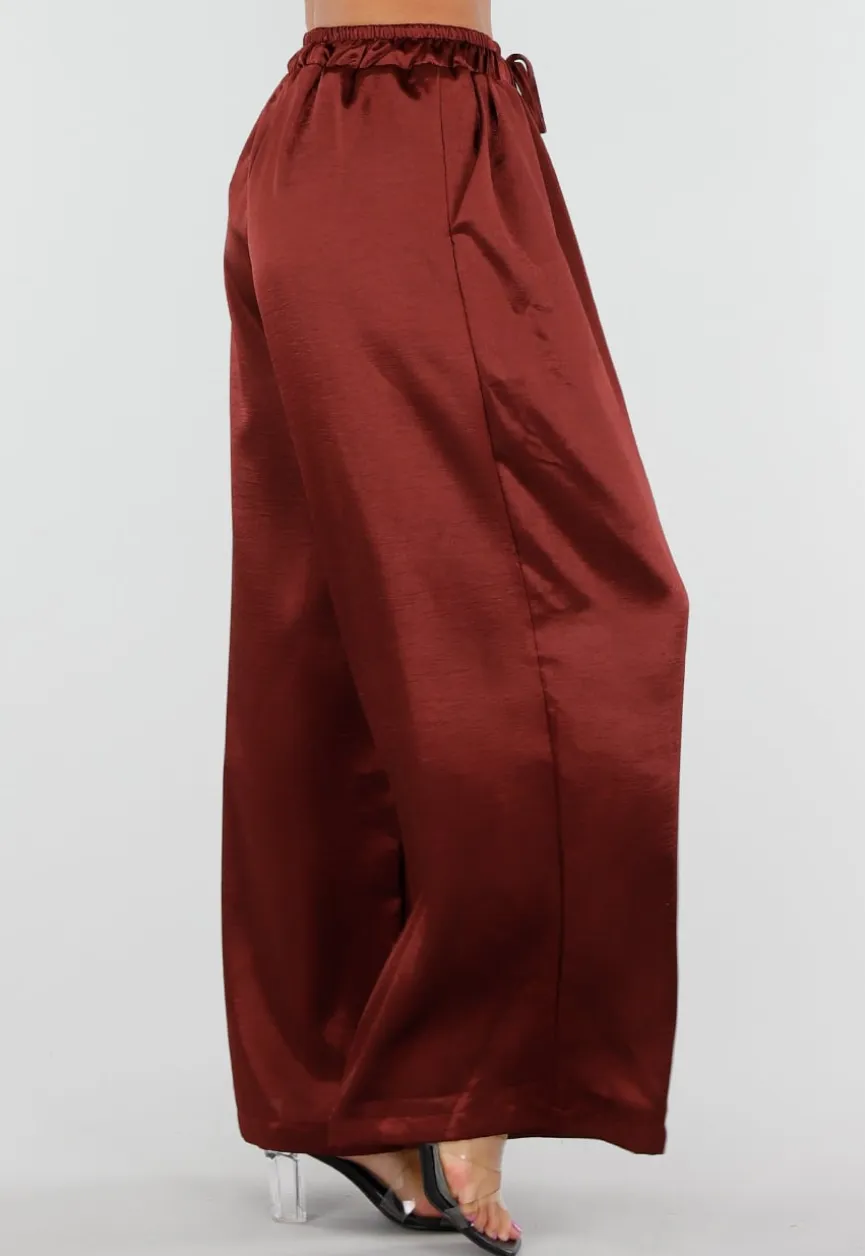 Satijnen Bordeaux Rode Wide Leg Broek met Elastische Taille