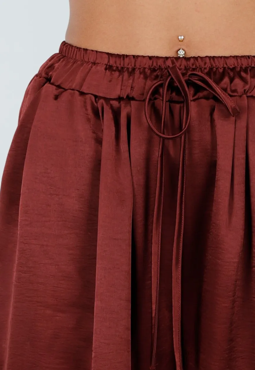 Satijnen Bordeaux Rode Wide Leg Broek met Elastische Taille