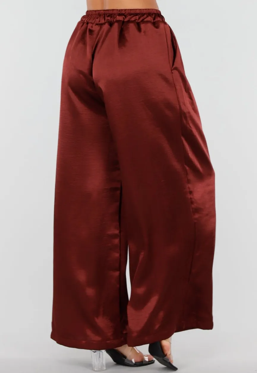 Satijnen Bordeaux Rode Wide Leg Broek met Elastische Taille
