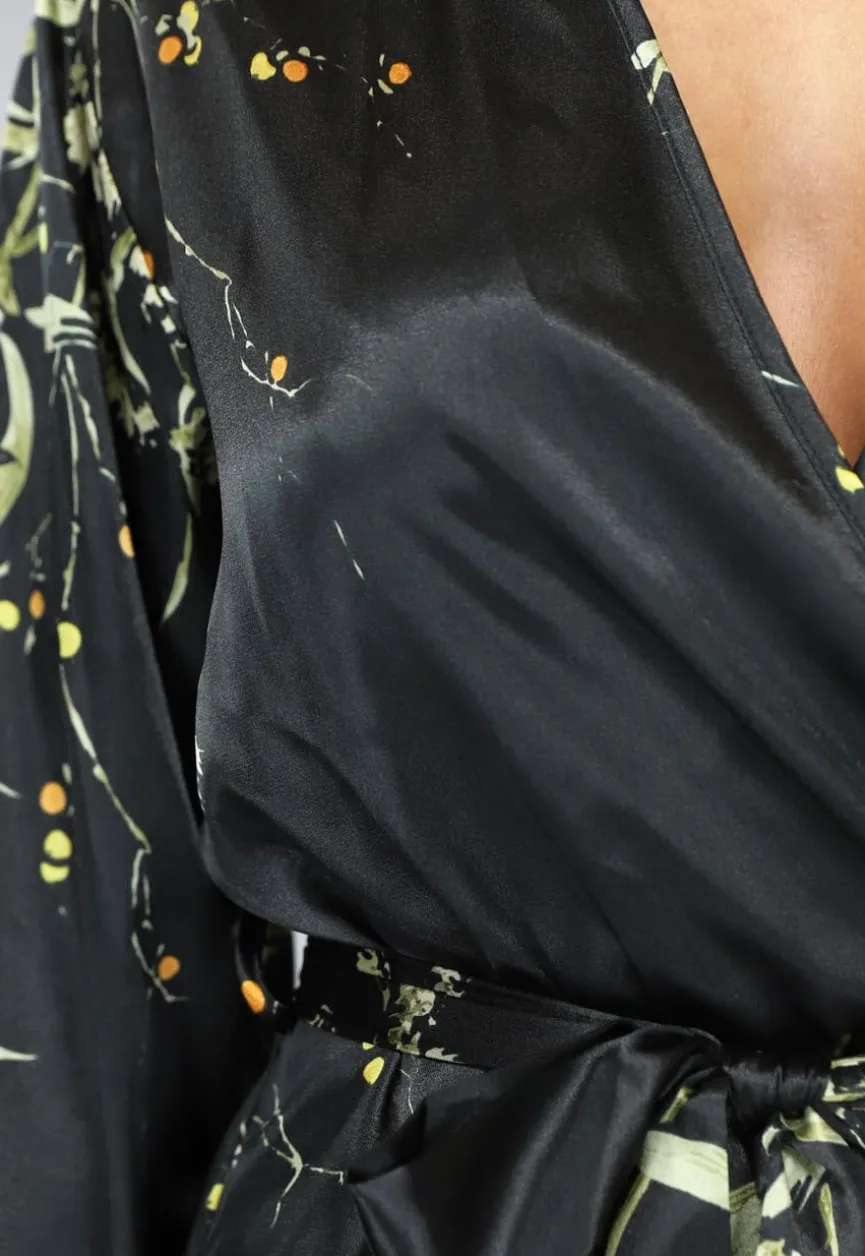 Satijnen Halflange Kimono met Bloemen Print