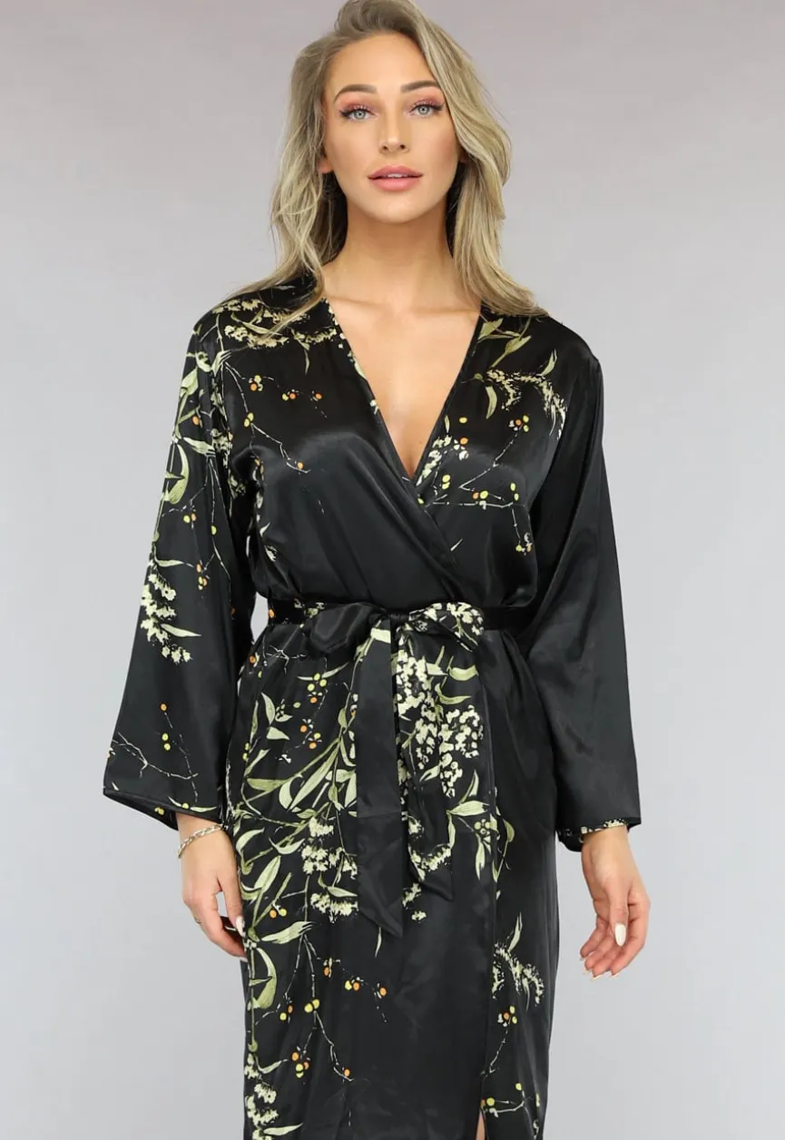 Satijnen Halflange Kimono met Bloemen Print