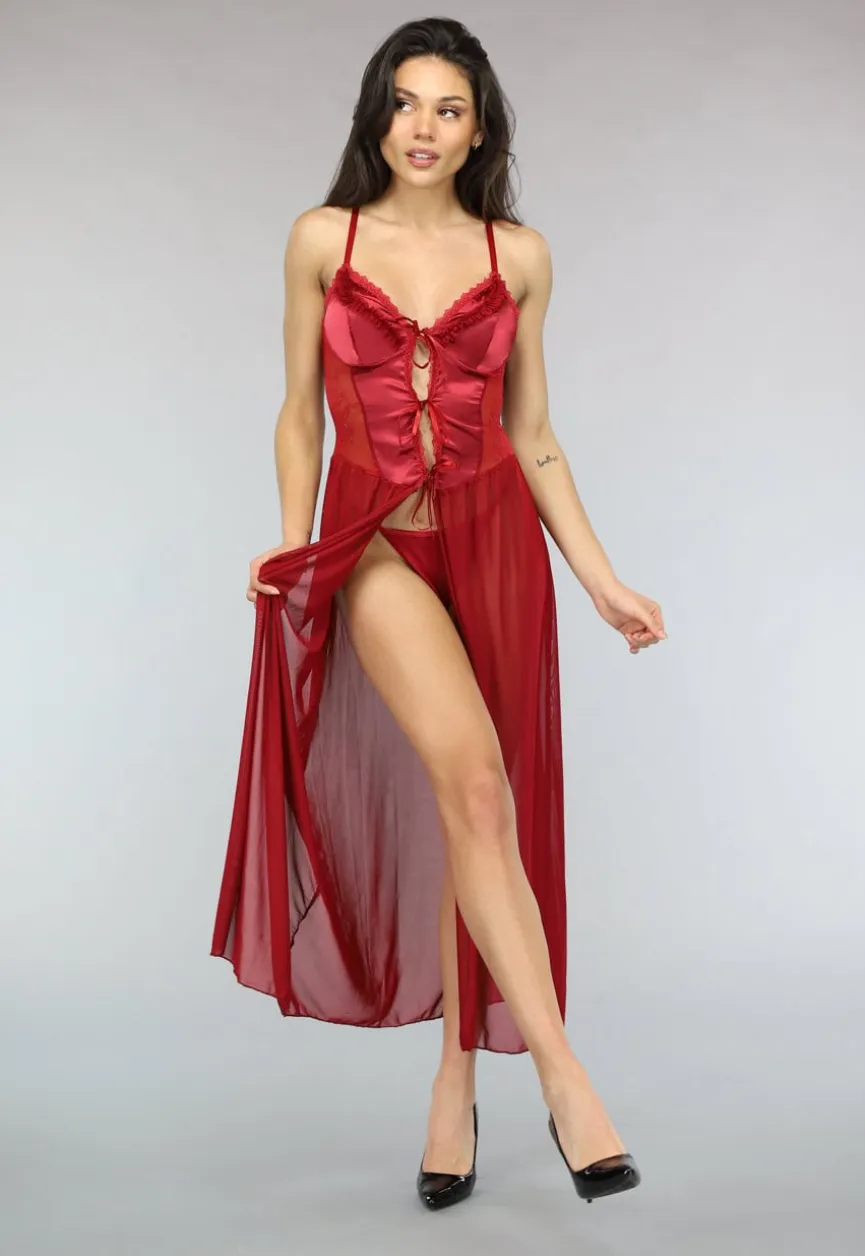 Satijnen Rode Slipdress met Ruches