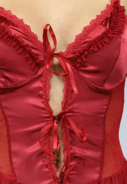 Satijnen Rode Slipdress met Ruches